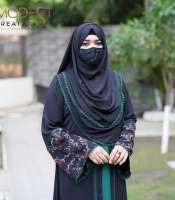 (Black & Bottom Green) Semi-Double Layered Abaya