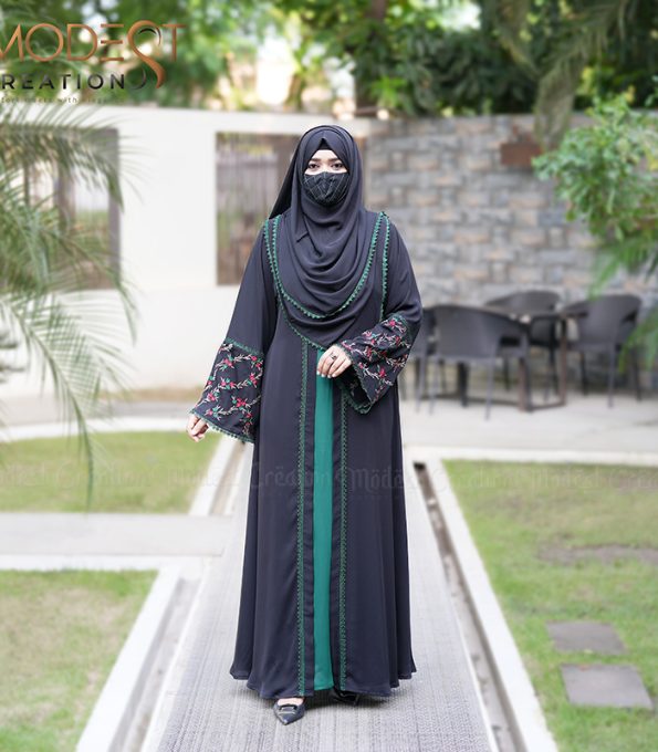 (Black & Bottom Green) Semi-Double Layered Abaya