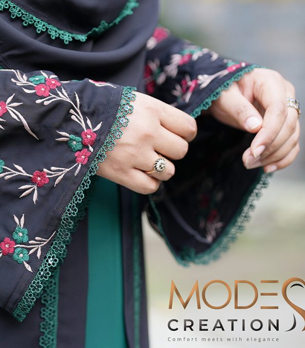 (Black & Bottom Green) Semi-Double Layered Abaya