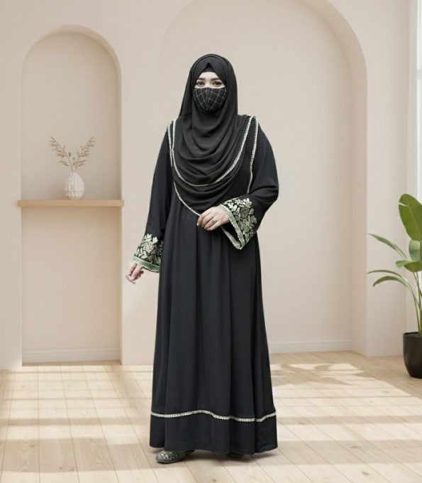 black abaya Bangladesh,embroidered black abaya,elegant abaya with hijab,premium abaya online BD,cherry fabric abaya,women’s modest abaya,Islamic abaya dress,designer abaya Bangladesh