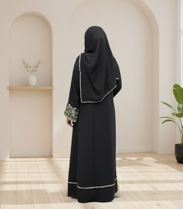 black abaya Bangladesh,embroidered black abaya,elegant abaya with hijab,premium abaya online BD,cherry fabric abaya,women’s modest abaya,Islamic abaya dress,designer abaya Bangladesh