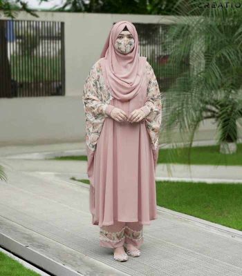Blush Pink Semi Long Floral Embellished Abaya