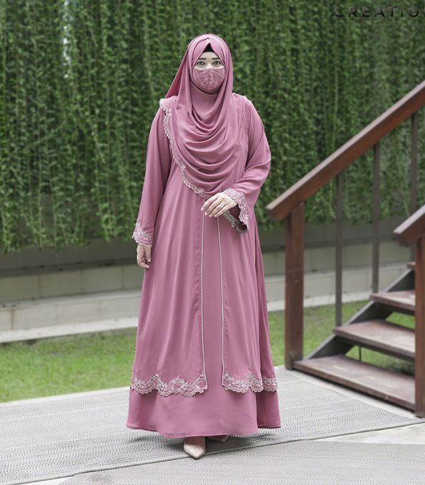 pink rose double layered embroidered abaya