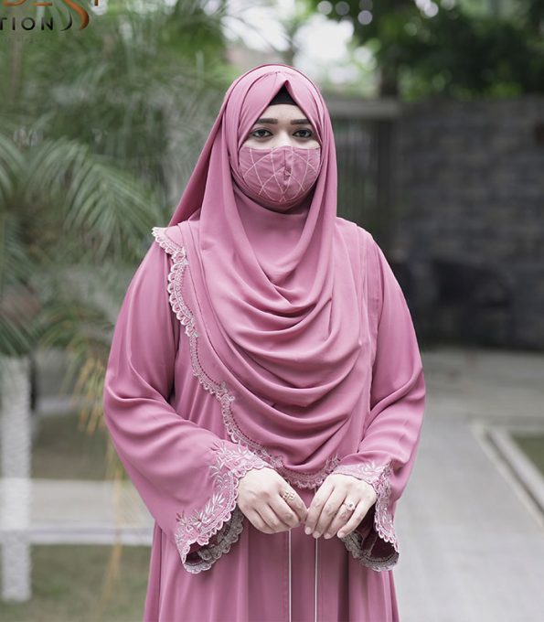 pink rose double layered embroidered abaya